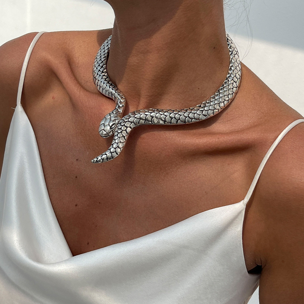 Exaggerated silver snake-shaped spring alloy necklaces from Europe and America, punk-style wrapped choker necklaces full figure