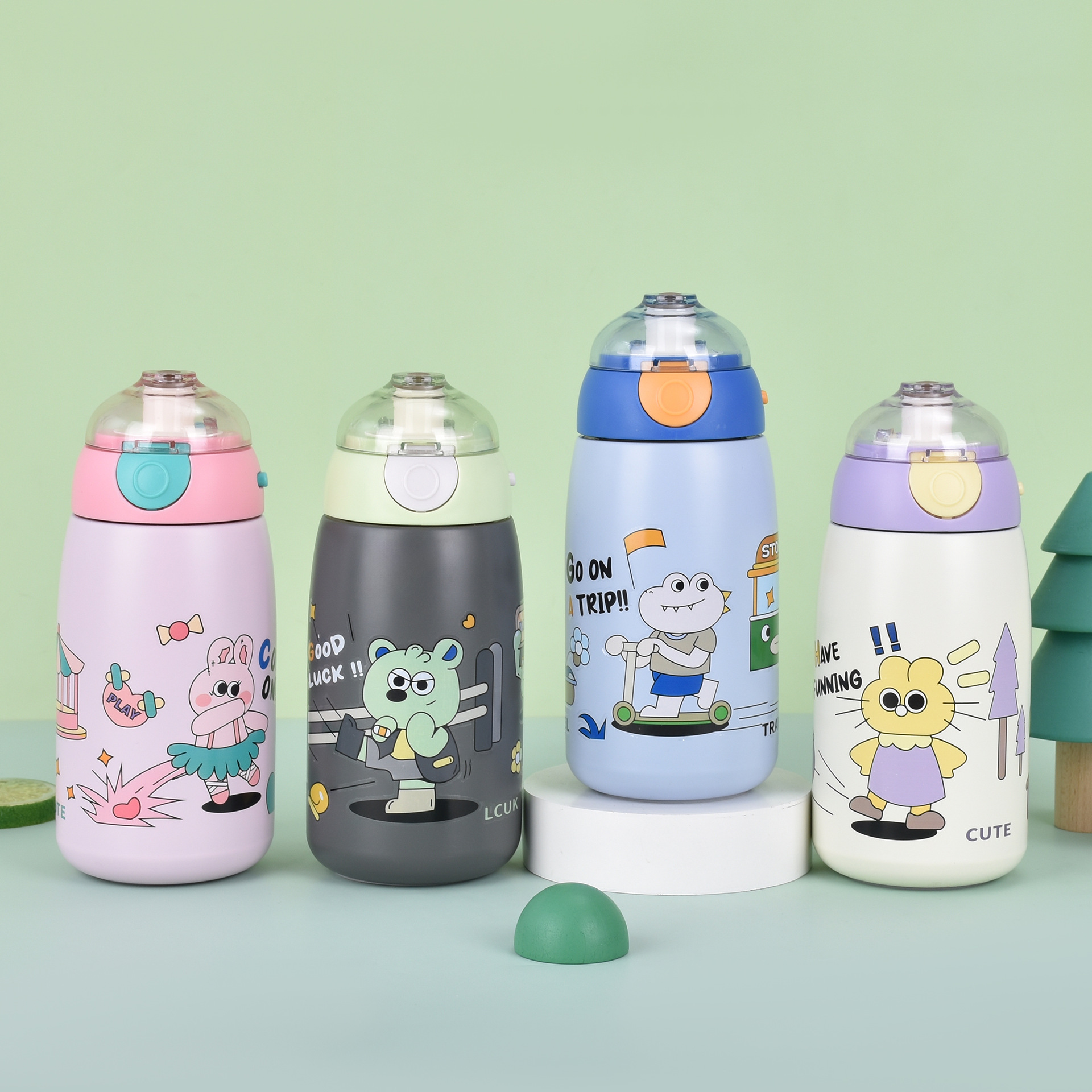 Cartoon 316 stainless steel children's insulated cup, double-layer portable water cup with handle rope, cute vacuum bouncing cup for students full figure