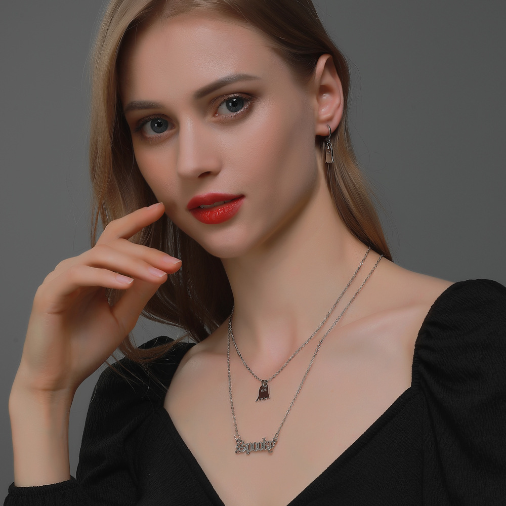 New European and American set: Simple and fun double-layer letter Little ghost necklace, funny little elf earrings, Halloween accessories details Picture