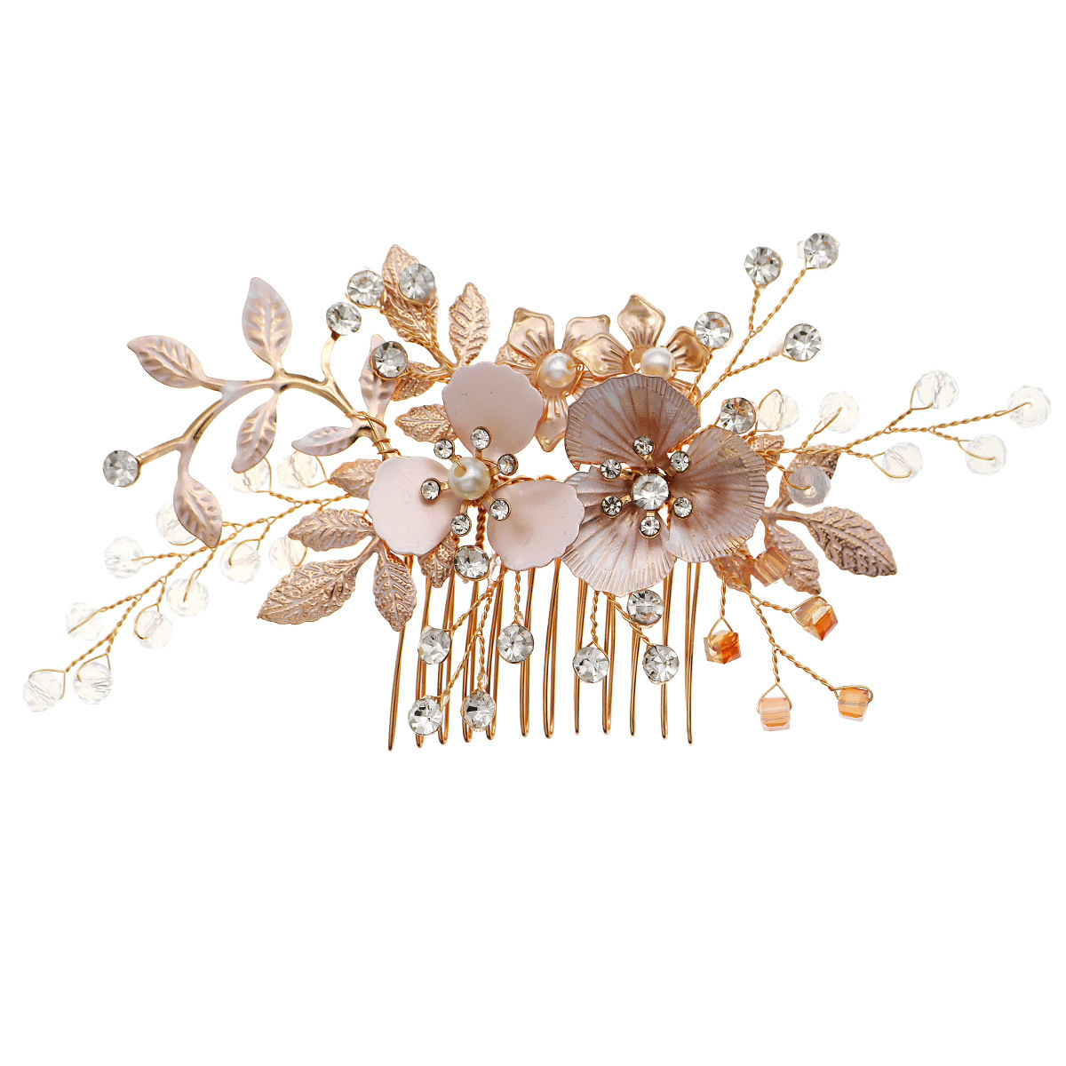 Retro golden floral leaf diamond-encrusted comb, heavy crystal beaded hair comb, wedding accessories, European and American bride braided headwear Item Picture