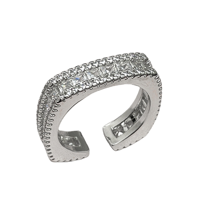A light luxury and high-end, niche twisted opening ring for women, fashionable, individual, exquisite and cold style, square food ring with row diamonds Item Picture