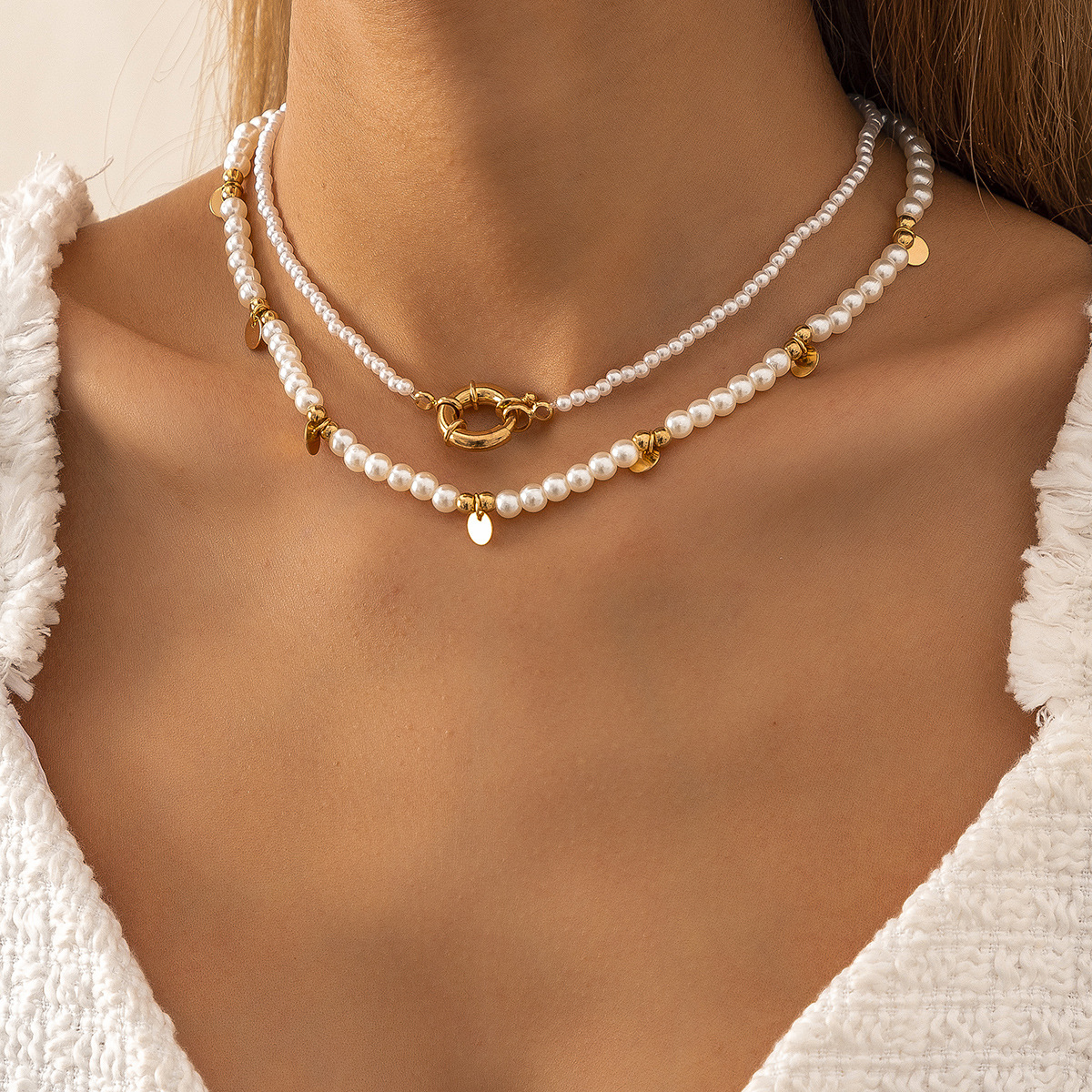 Retro imitation pearl geometric tag necklace, country rice bead geometric round bead necklace, European and American cross-border snow soft jewelry Specification drawing