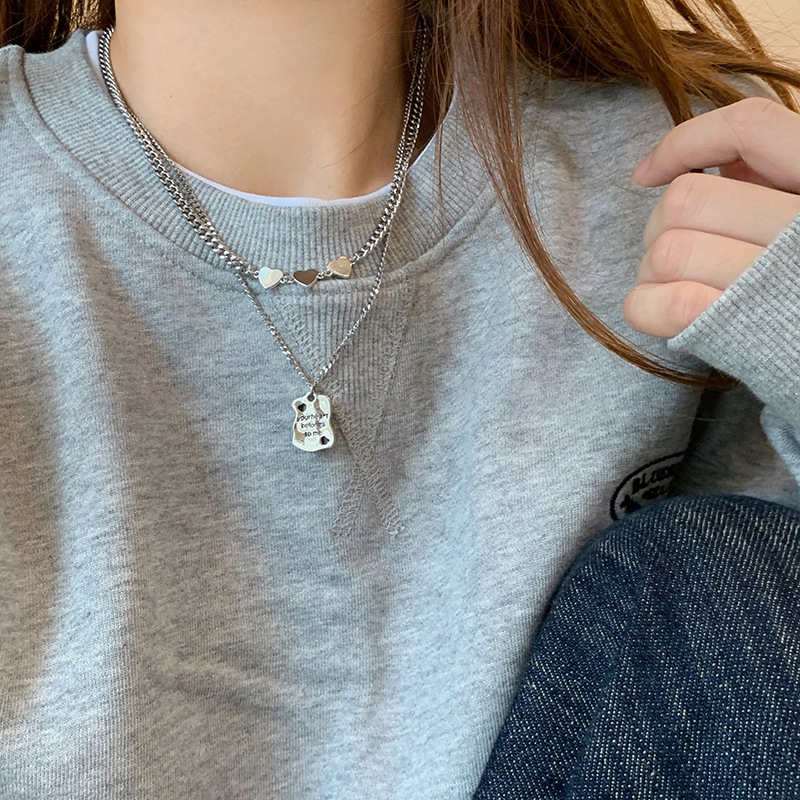 Silver double-layer heart-shaped nameplate necklace for women, 2023 new style, niche and elegant sweater chain, ins cold style accessory Specification drawing
