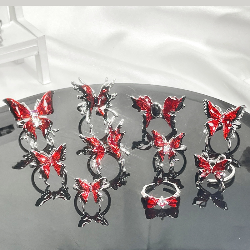 A sweet and cool red enamel drop glaze butterfly opening ring with a feminine charm, a unique and exquisite design, and a distinctive personality Specification drawing