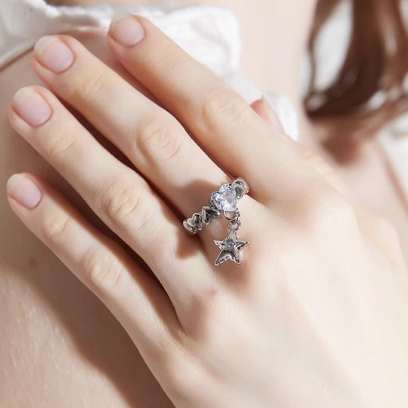 French gentle star pendant y2k Sweet and Cool Open ring, Girl's Hot girl heart Zircon niche design index finger ring full figure