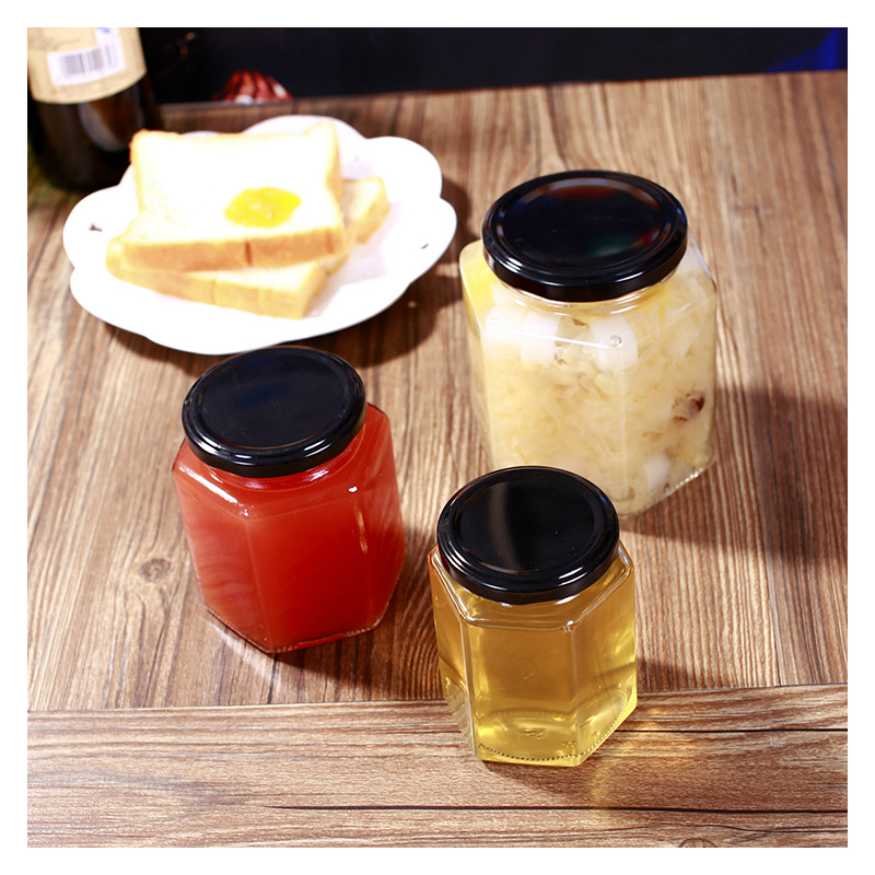 Glass bottle for pickles, hexagonal glass bottle for jam, fermented bean curd, chili sauce, honey, hexagonal bottle Application Scenario
