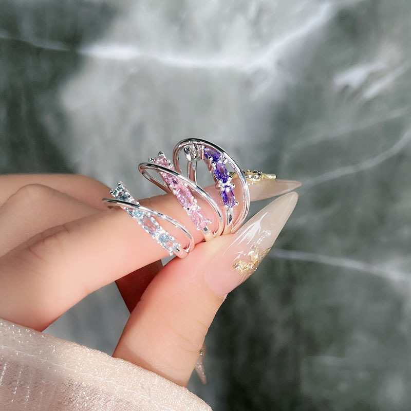 The Star River Trajectory pink and purple diamond cross-encircled simple and unique open ring with a feminine charm, sweet and cool, and a niche design details Picture
