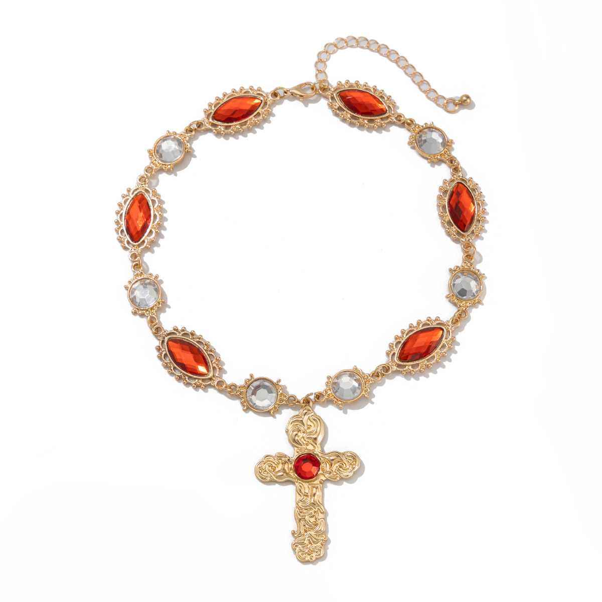 European and American cross-border jewelry, court-style cross alloy pendant necklace, retro set with red gemstones collarbone chain Item Picture