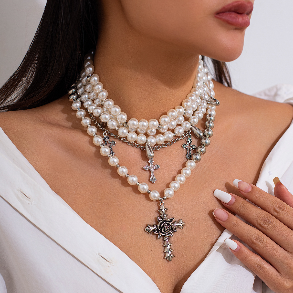 European and American cross-border jewelry, retro Baroque chocker collarbone chain, irregular pearl multi-layer round bead necklace Specification drawing