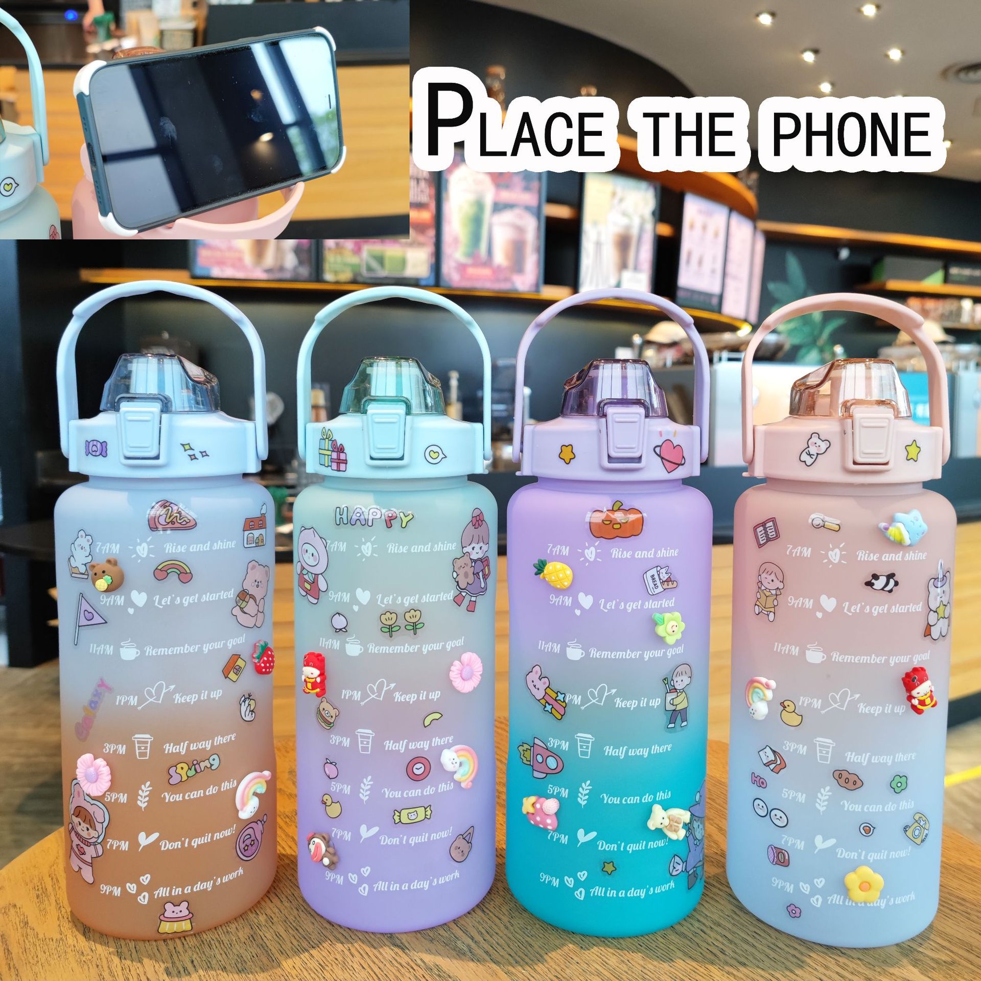 New large-capacity water bottle with gradient color, straw, sports frosted water cup, portable handle with stickers, 2000ml Specification drawing
