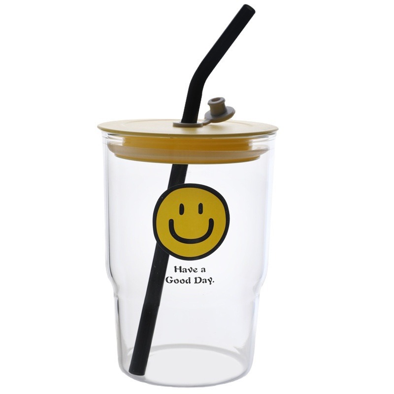 Bolimei Korean InS-style smiling glass straw cup, girlish water cup, student drinking cup, glass cup Item Picture