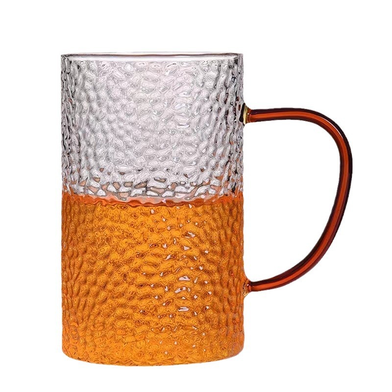 High borosilicate glass office cup with hammer pattern handle, transparent Nordic glass cup, office handcrafted large-capacity tea cup Item Picture