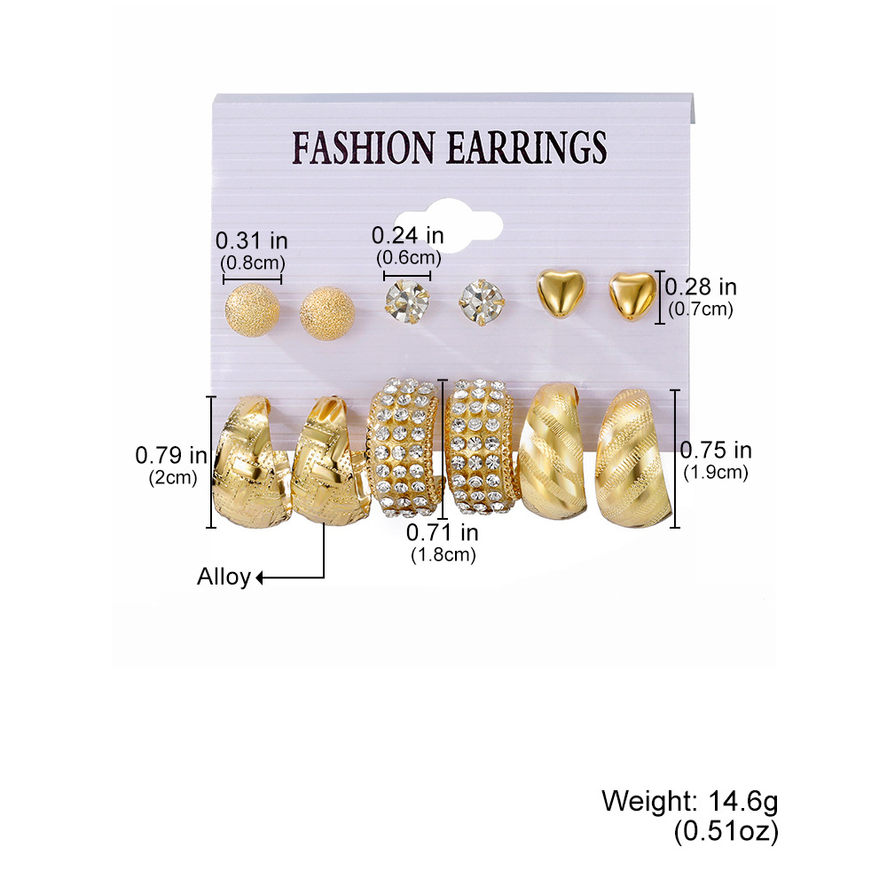 A set of 6-piece cross-border artistic retro geometric hammered pattern earrings from Europe and America, creative heart-shaped diamond-encrusted metal earrings details Picture