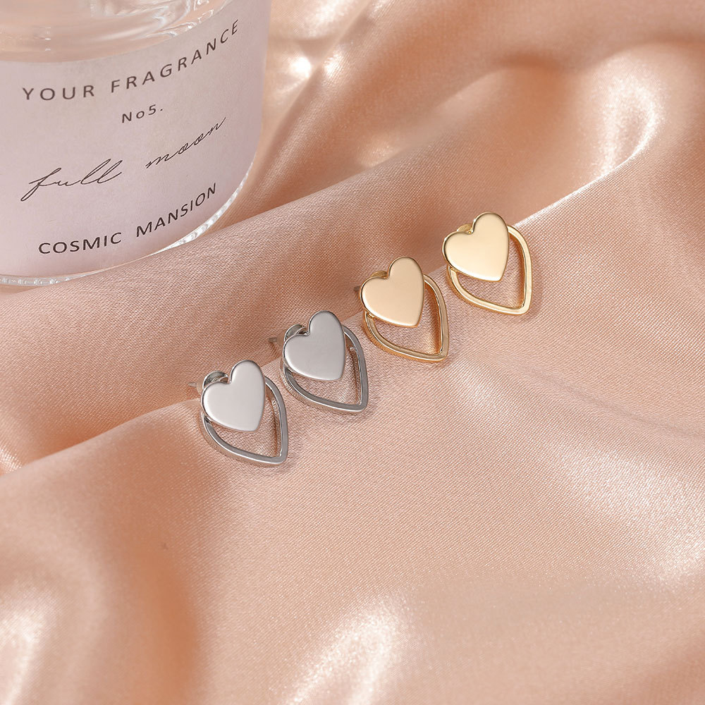 New European and American style earrings, simple double-layer heart-shaped stud earrings, cold style heart-shaped earrings, personalized and versatile cross-border earrings Specification drawing