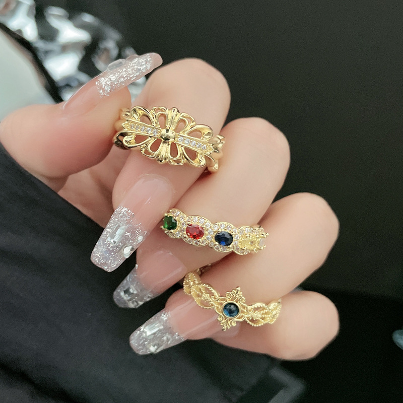 Cross-border colored gemstone retro new Chinese-style cross opening ring, women's Little Red Book high-end new versatile ring trend full figure