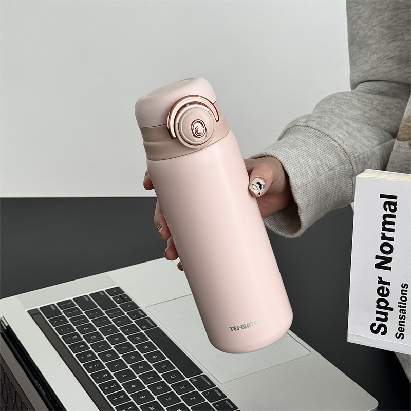 Solid color simple and bouncy double-drinking straw cup, office business portable stainless steel insulated cup gift manufacturer wholesale full figure