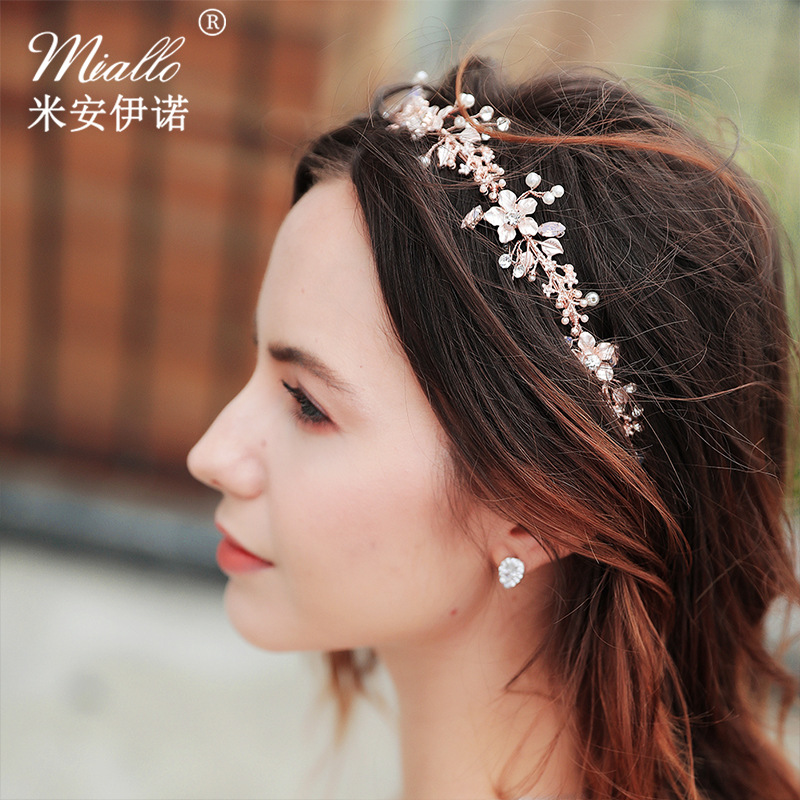 European and American simple handcrafted pearl bride headband, rose gold jelly water diamond alloy headband, wedding headwear accessories full figure
