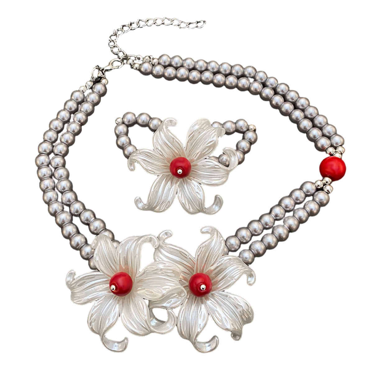 A unique design of iris flower silver pearl necklace with floral embellishments on the neck, a men's same style and a women's choker collarbone chain ring Item Picture