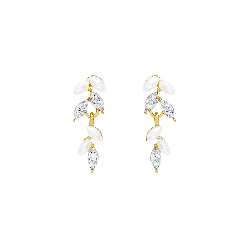 Light luxury and high-end style leaf tassel stud earrings, women's zircon wheat ear pearl long earrings, fashionable, versatile and elegant earrings Item Picture
