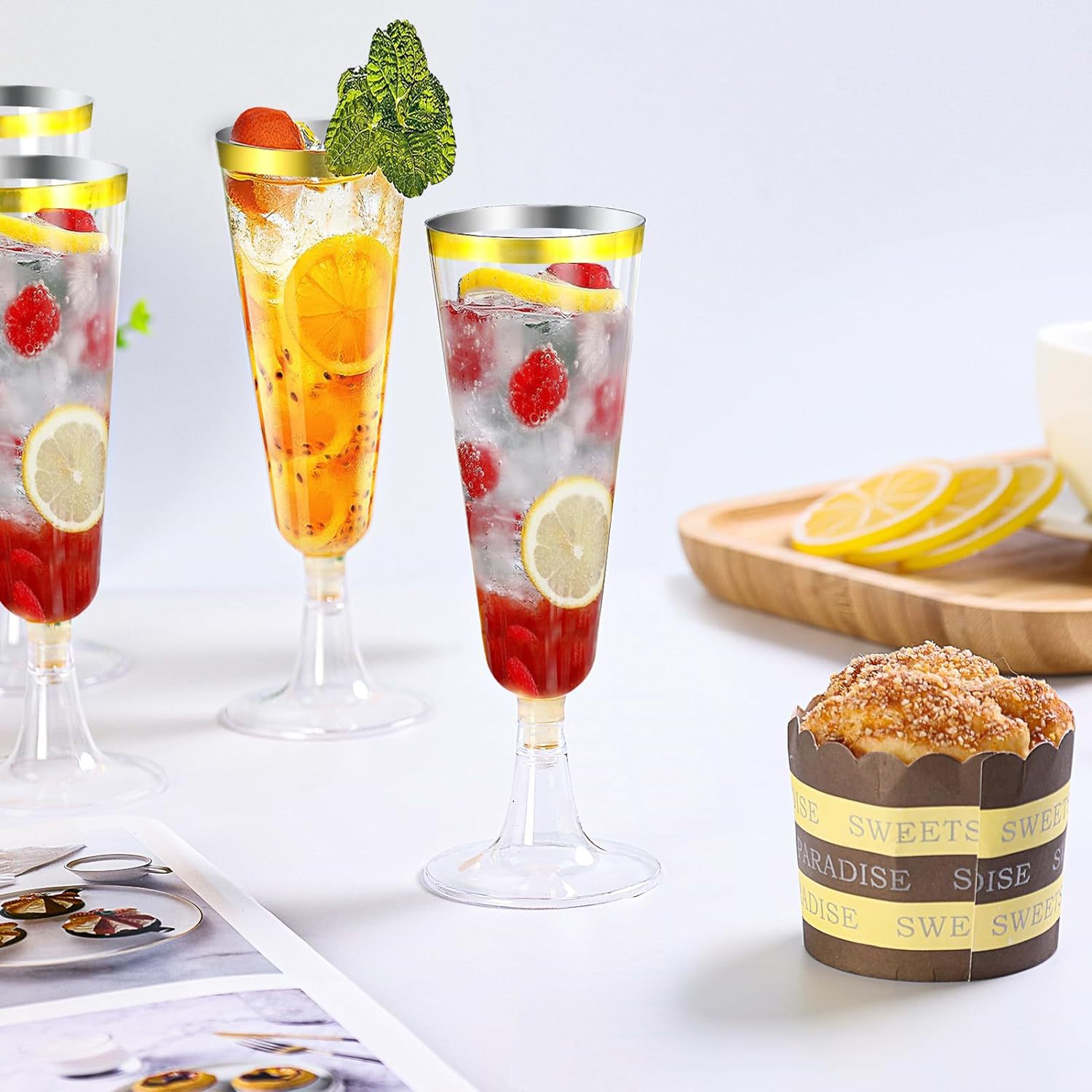 150ML disposable golden-rimmed champagne glass, plastic high-stemmed red wine glass, rose gold dessert glass, cocktail glass factory details Picture