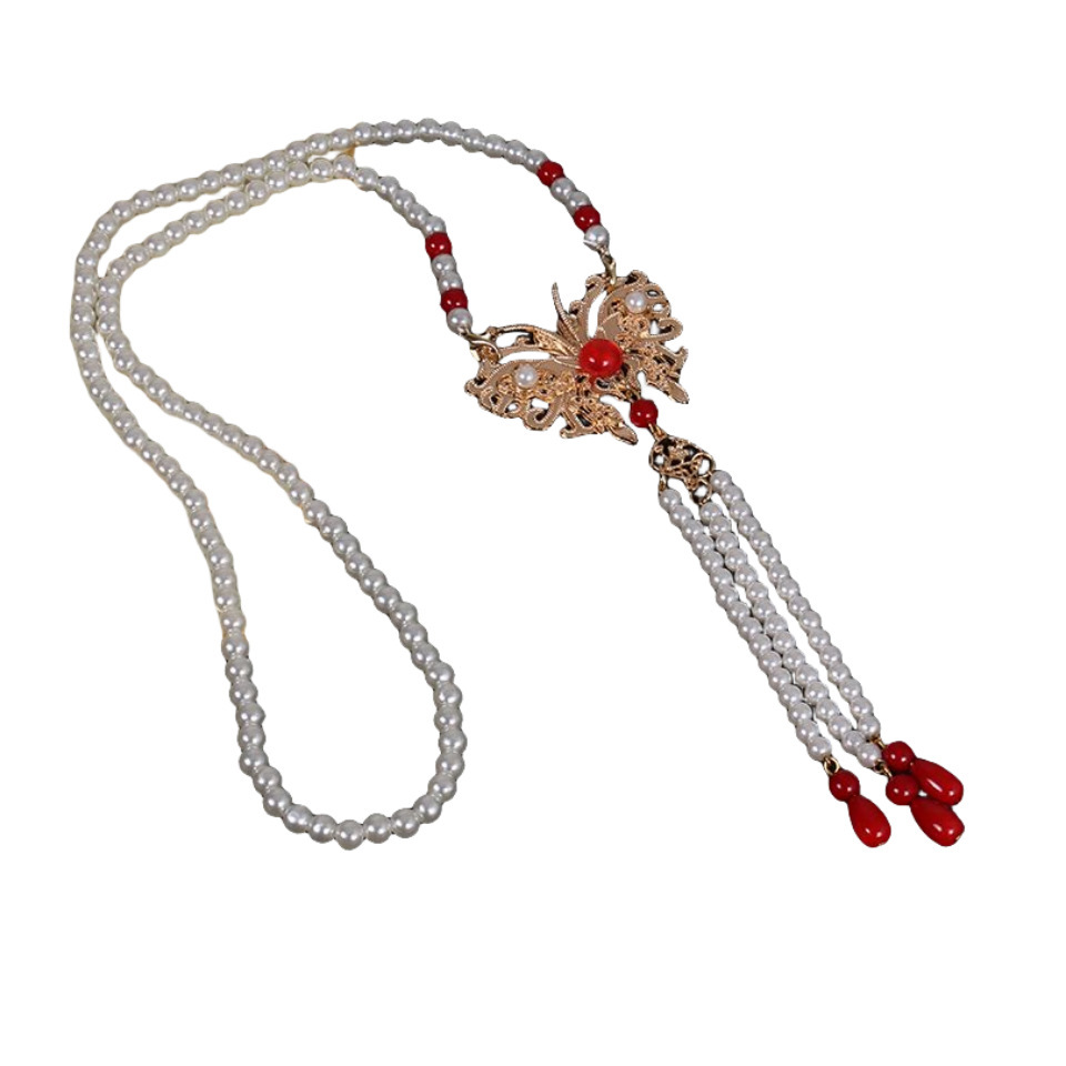 Wholesale of 2024 new alloy butterfly necklace, women's ancient-style horse face dress accessories, Hanfu cheongsam tassel accessories Item Picture