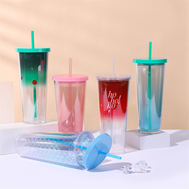 New cross-border gradient straw cup, large-capacity double-layer insulated drinking cup, white-collar commuting straight cup, factory wholesale details Picture
