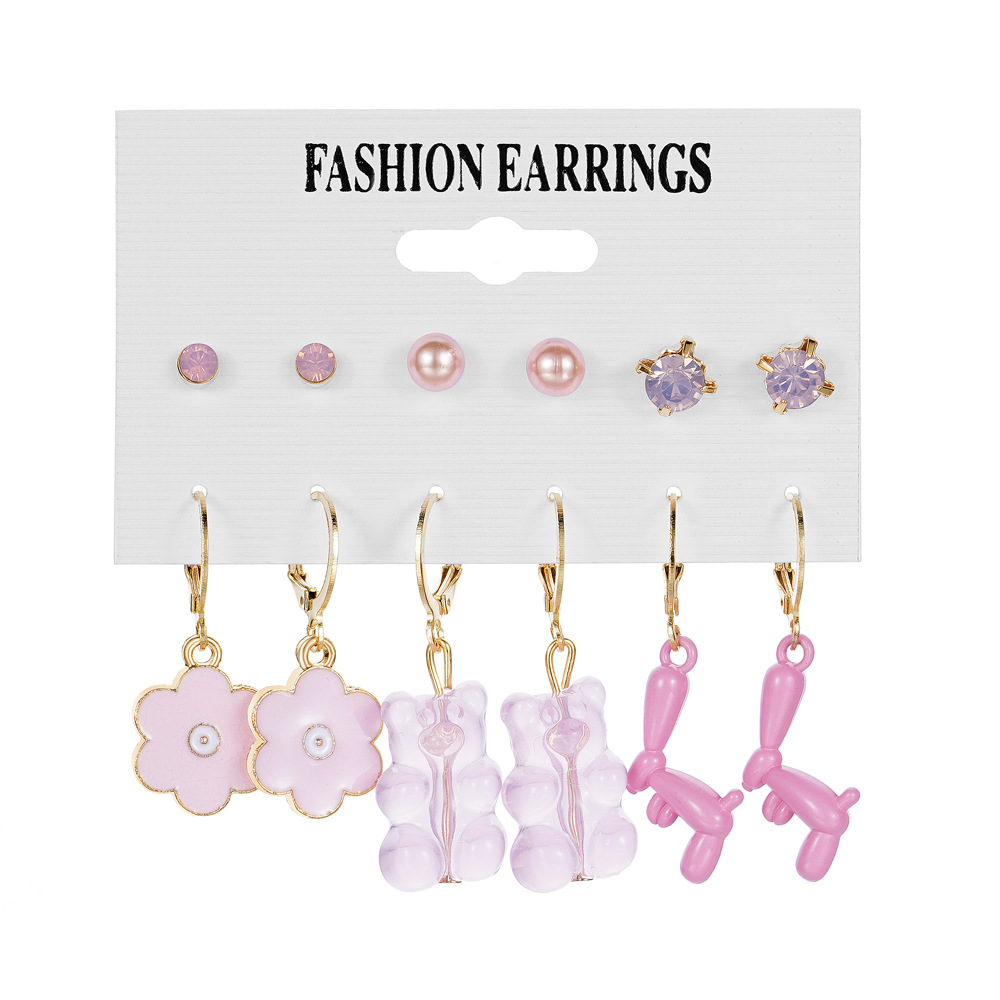 New cross-border oil-dripping maple leaf Flower heart pendant ear buckle 6-pair earring set, bear stud oil-dripping earrings Item Picture