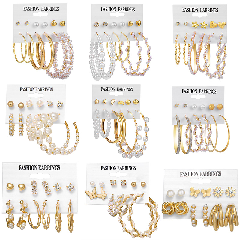 New cross-border pearl-inlaid women's earrings from Europe and America, creative French retro gold ear ring set earrings full figure