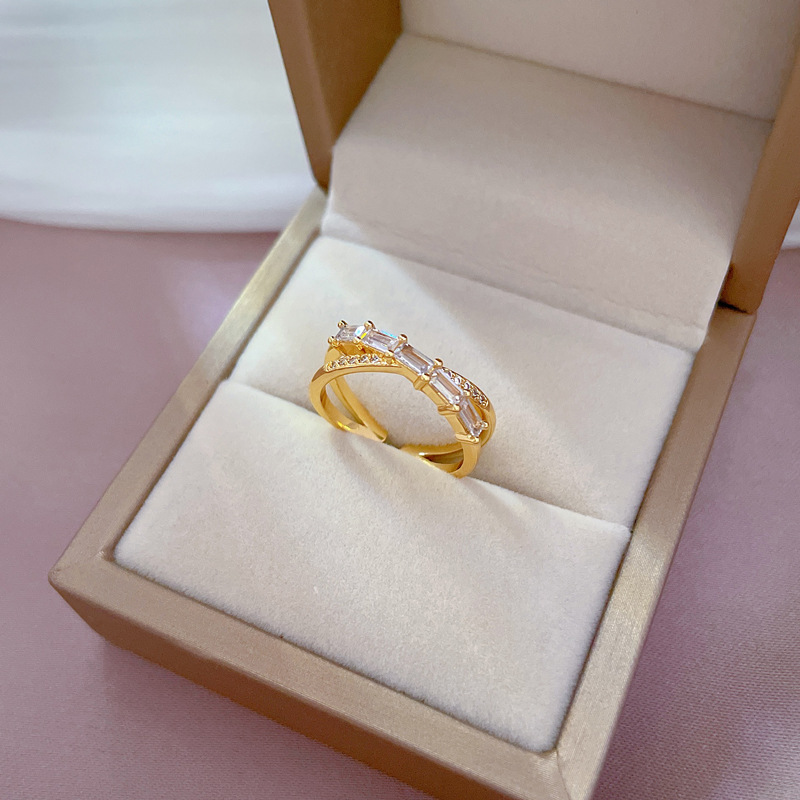 【 Real gold electroplated 】 Open ring with crossed full diamonds, unique ring, index finger ring, the same style as Internet celebrities, simple and cold style Specification drawing