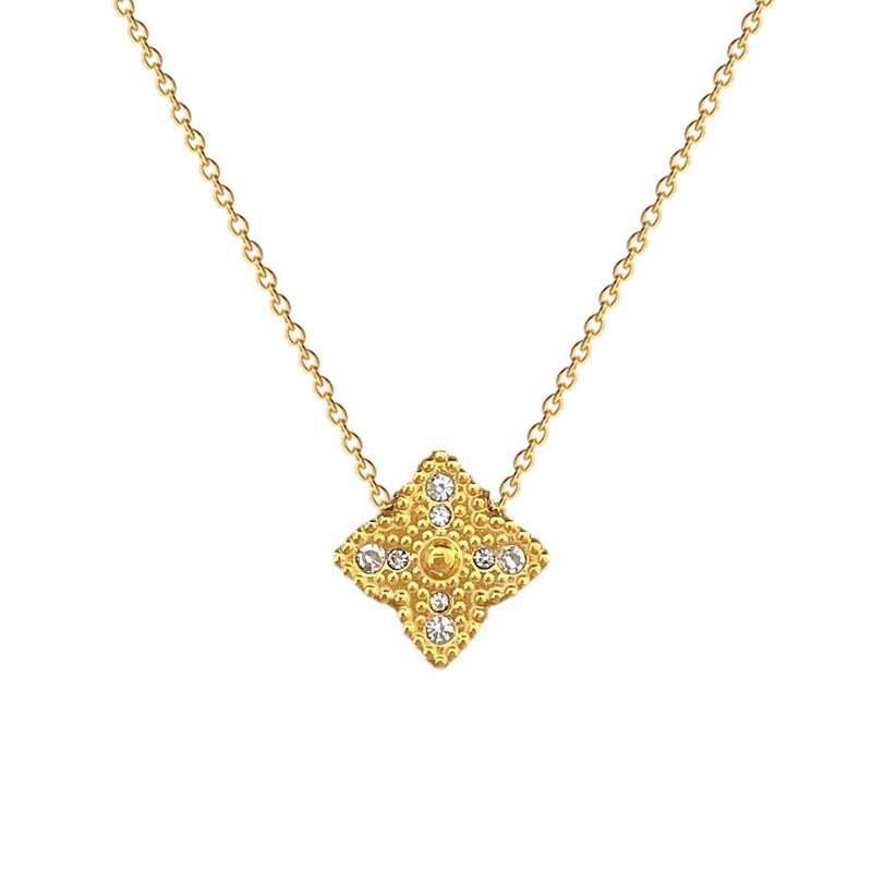 【 All-titanium Steel 】 Full diamond four-leaf flower minimalist style furnace, real gold necklace, female Instagram influencer collarbone chain accessory Item Picture