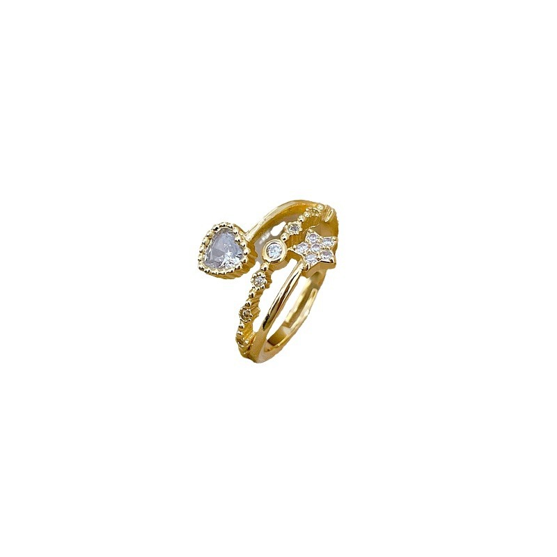 【 Real Gold 】 Heart-shaped star-studded ring with adjustable opening, simple Japanese-style bracelet, couple rings Item Picture
