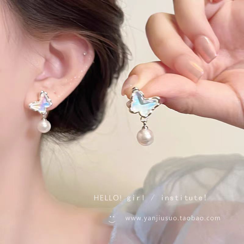 Spring ice-transparent blue butterfly Earrings for Women 2025 New bestseller, high-end pearl earrings, feminine stud earrings Specification drawing