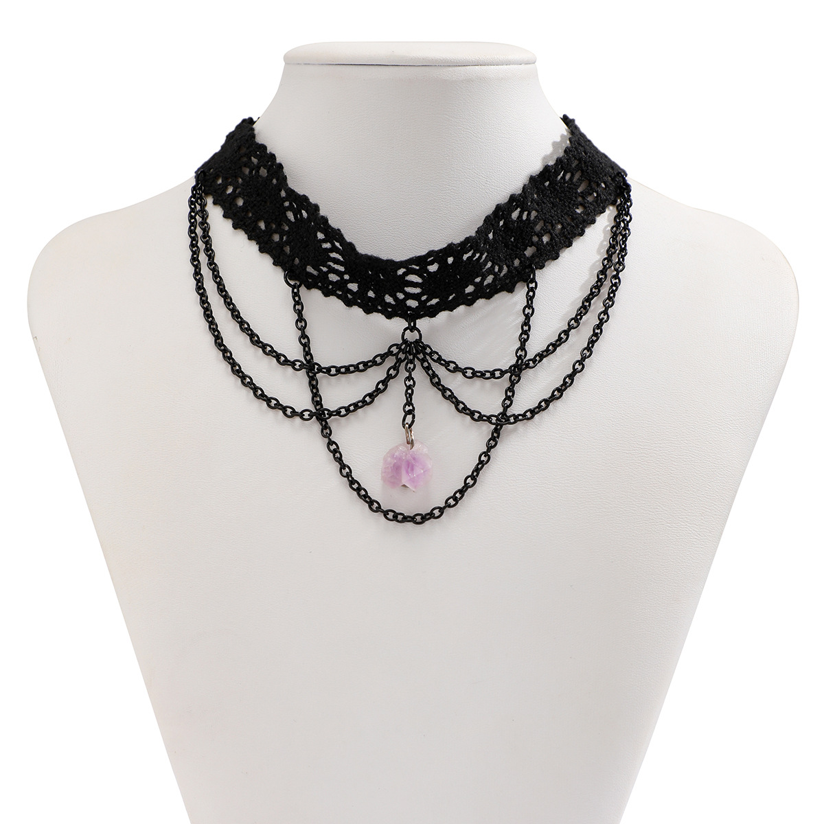 European and American cross-border accessories, lace choker necklaces, sweet and cool women's necklaces, purple imitation crystal pendants, tassel collars Item Picture