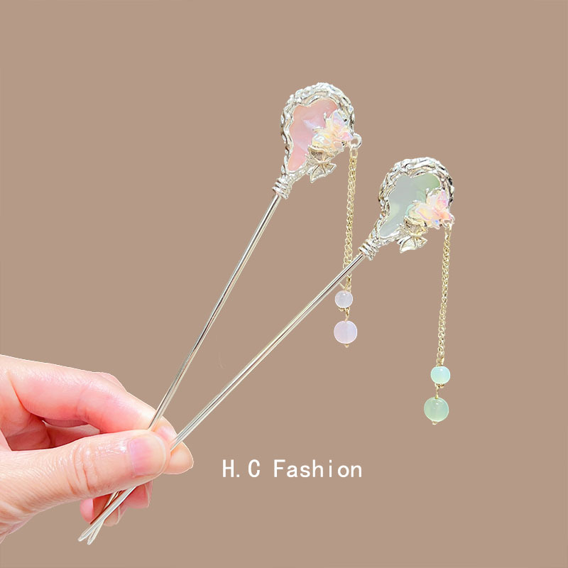 Little fairy ancient-style imitation jade tassel hairpin, national trend updo hairpin, cheongsam, Hanfu, classical alloy headwear full figure