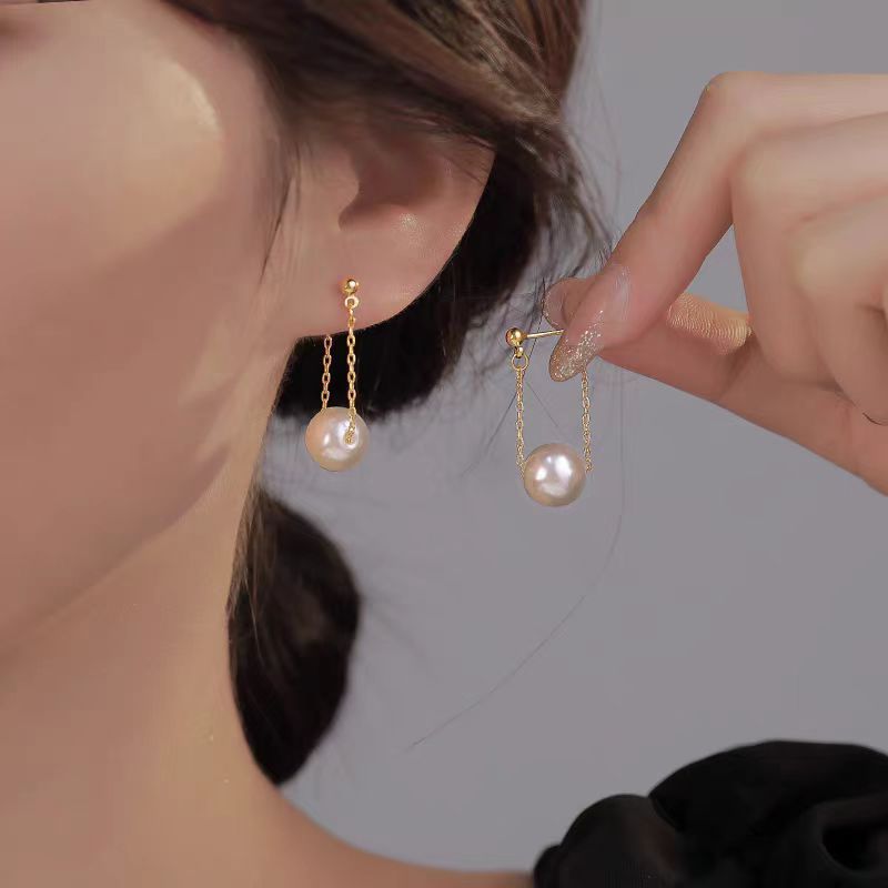 Trendy large pearl back-hanging earrings for women, versatile and simple near-round pearl earrings s925 silver needle stud earrings full figure