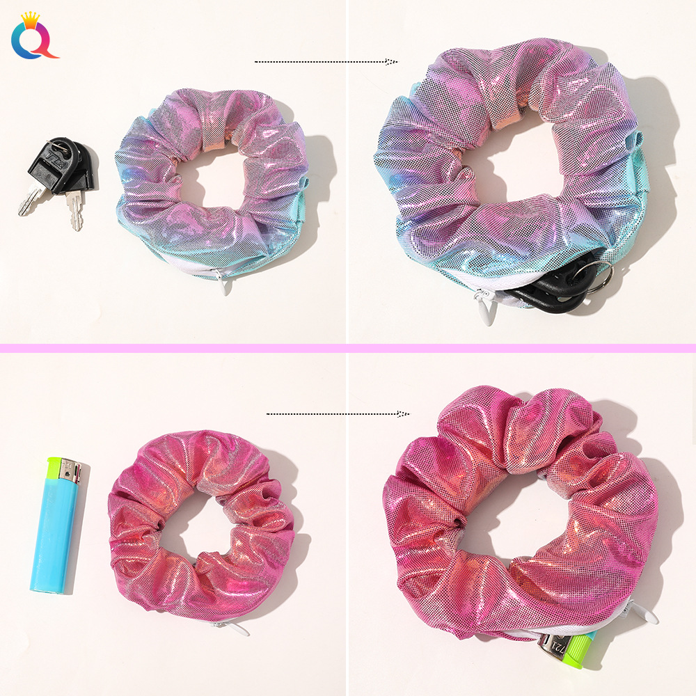 Qiyue European and American laser fabric gradient zipper large intestine hair band, fashionable ponytail hair band, hair accessory manufacturer wholesale headband Application Scenario