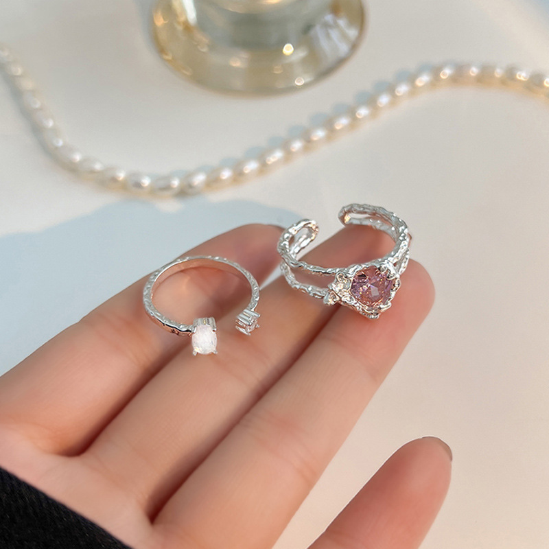 Sweet and cool pink diamond zircon heart-shaped opening ring, with a light luxury and high-end feel, retro adjustable, fashionable and individual simple ring details Picture