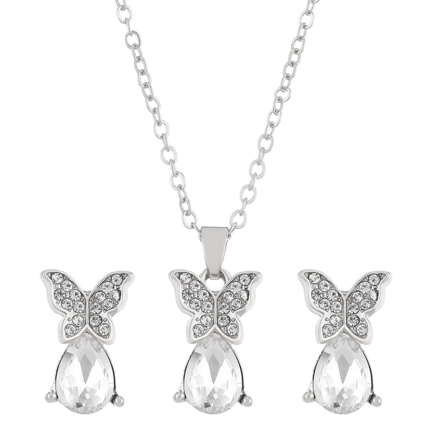European and American cross-border diamond-encrusted butterfly water drop jewelry set, women's InS-style creative butterfly necklace and earring set Item Picture