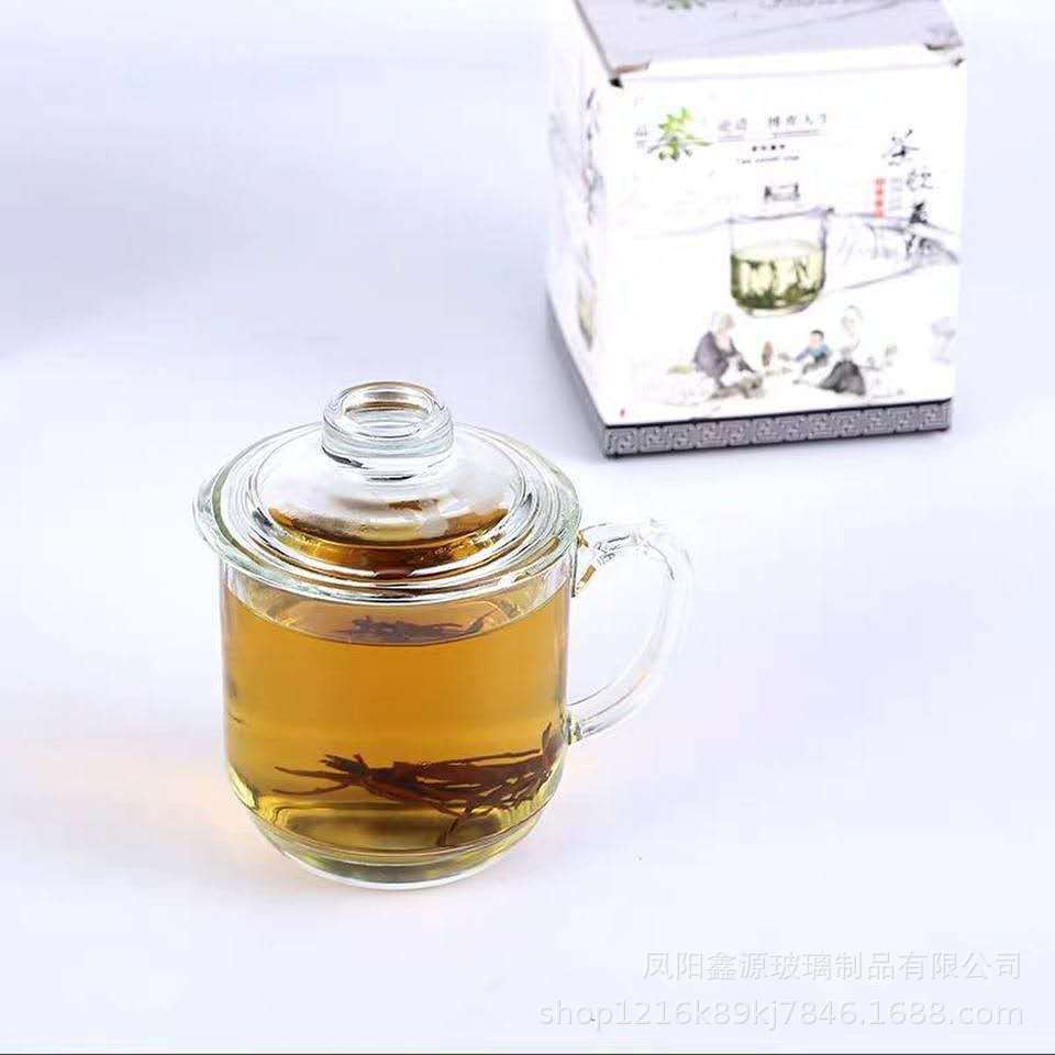 Factory wholesale of glass tea cups, flower tea cups, tea drink cups, handles, LIDS, office cups, advertising gifts, logos Specification drawing