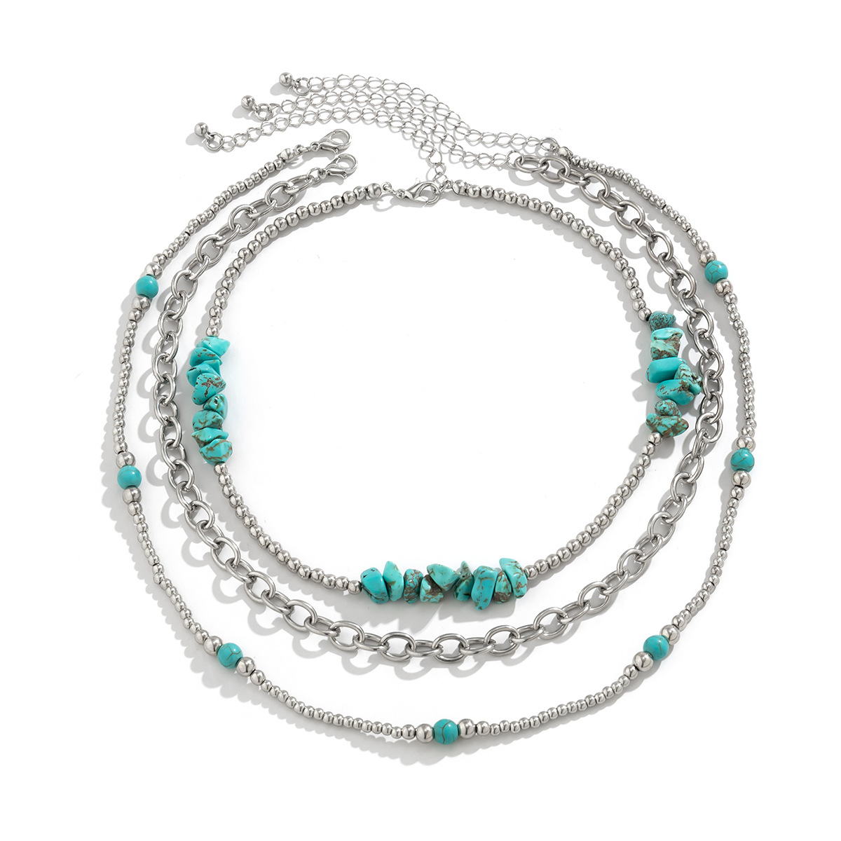 European and American cross-border jewelry, ethnic style cross-chain color-blocking necklace, retro patterned turquoise set necklace for women Item Picture