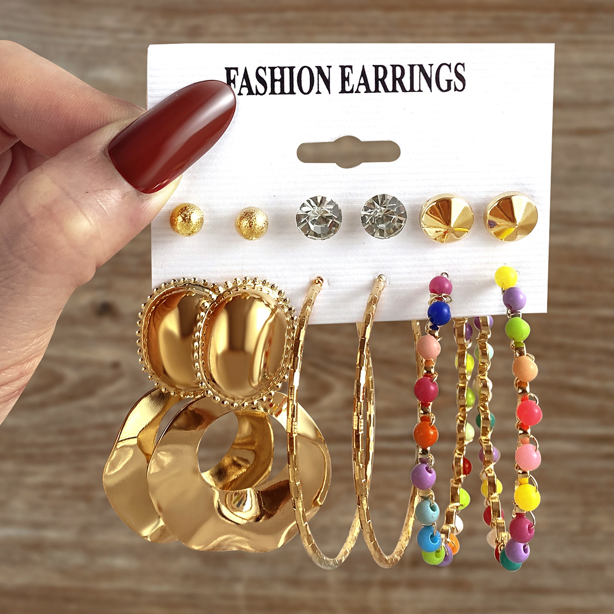 European and American metal seven-color rice bead ear rings, geometric round pearl stud earrings, retro earring set of 6 pieces for women Specification drawing