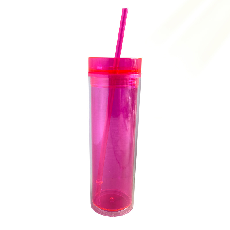 New plastic double-layer straw cup, transparent straight tube cup, available in multiple colors, 500ml casual plastic cup, directly supplied by the manufacturer Item Picture