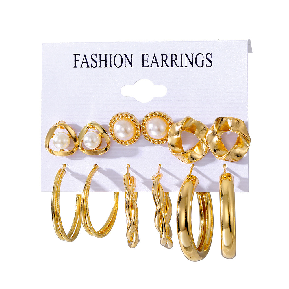 New cross-border geometric circle pearl women's earrings set, 6-pair pearl butterfly exaggerated twisted earrings from Europe and America Item Picture