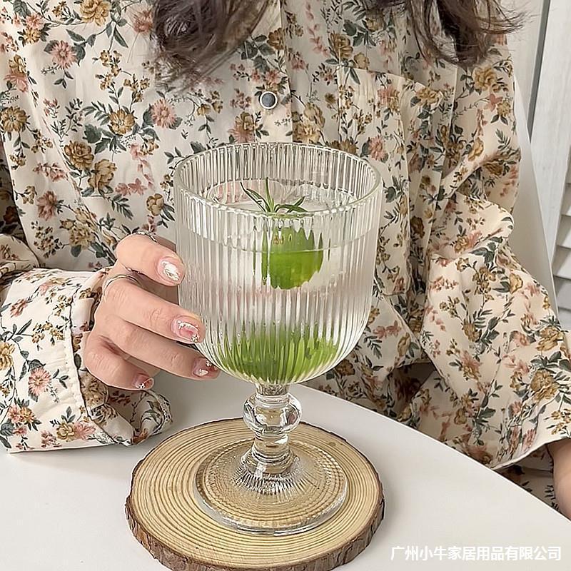 Retro InS-style vertical patterned tall leg ice cream cup, glass dessert cup, ice cream cup, striped tall leg glass water cup Specification drawing