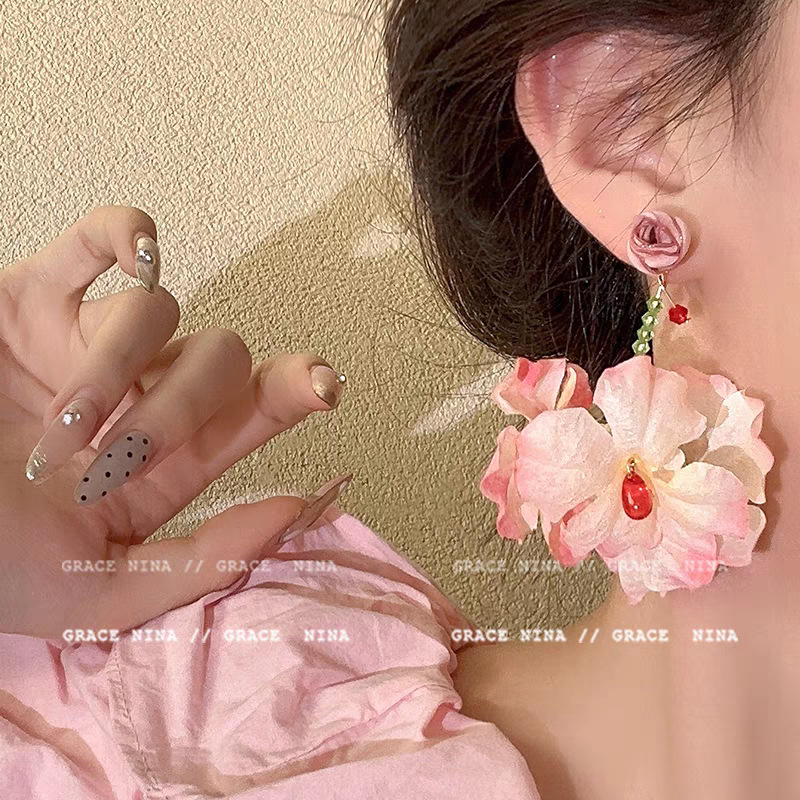 Spring Outing Notes! Vacation-style dry rose flower earrings for women, 2025 new style island stud earrings, exaggerated and elegant earrings Specification drawing