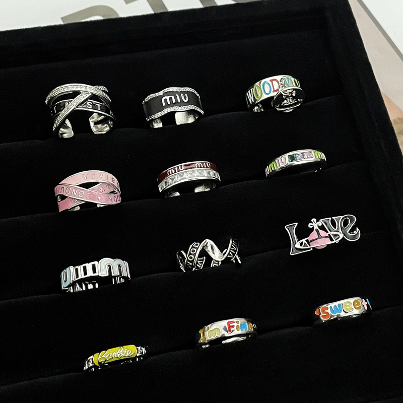 Punk personality letter color drip glaze open ring, sweet, cool and fashionable design sense, delicate and simple ring for hot girls Specification drawing