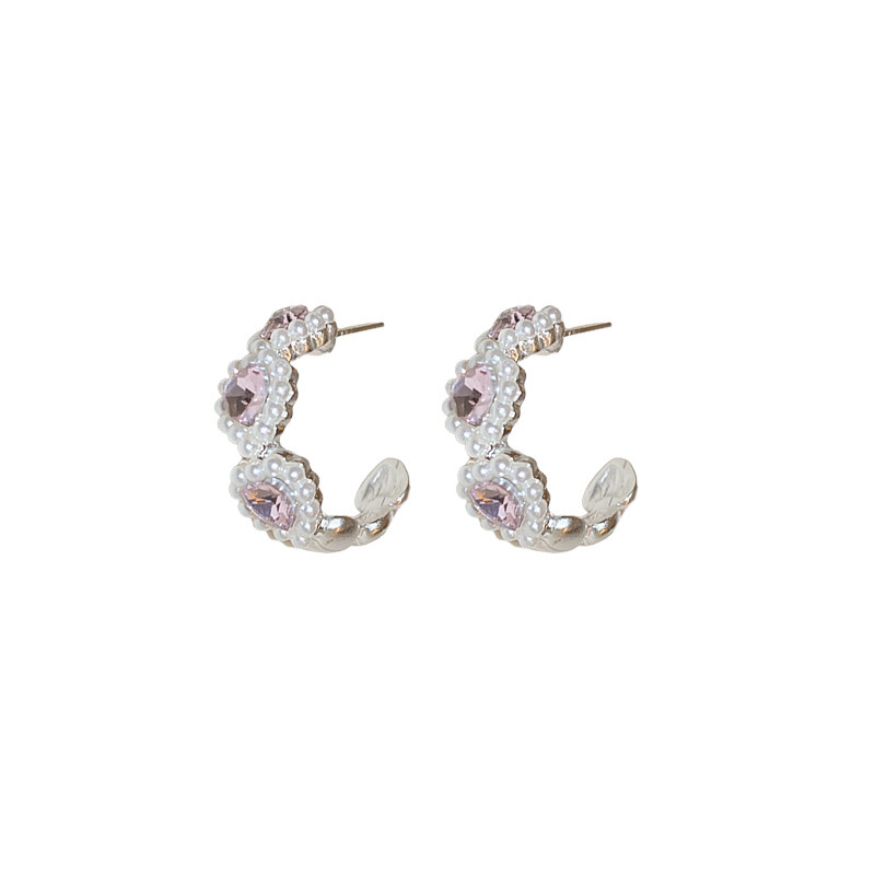 Sweet pink zircon heart-shaped pearl earrings for women, unique and elegant stud earrings, fashionable and versatile, girlish design earrings Item Picture