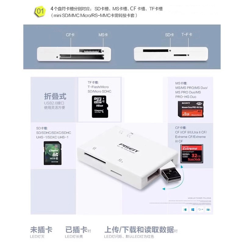 Pisen multi-in-one card reader Mini Mobile phone TF card single-lens reflex camera CF SD MS tf Card Reader usb2.0 Specification drawing