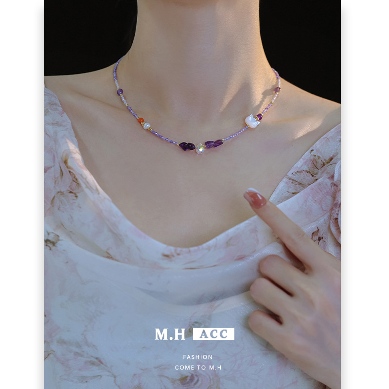 Spring and Summer new collection: Sea Shell amethyst beaded Necklace for women, 2025 new style, niche, retro and fresh collarbone necklace full figure