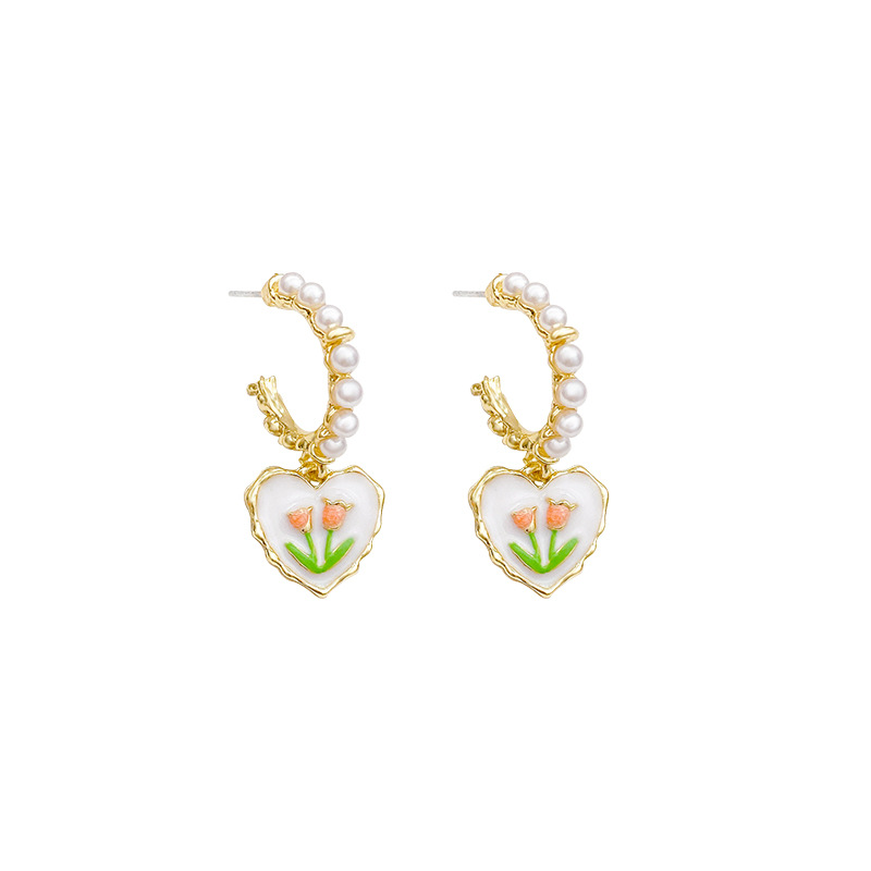 S925 Silver Needle Tulip Pearl Flower Earrings, women's fashionable, fresh and sweet heart-shaped stud earrings and accessories wholesale Item Picture